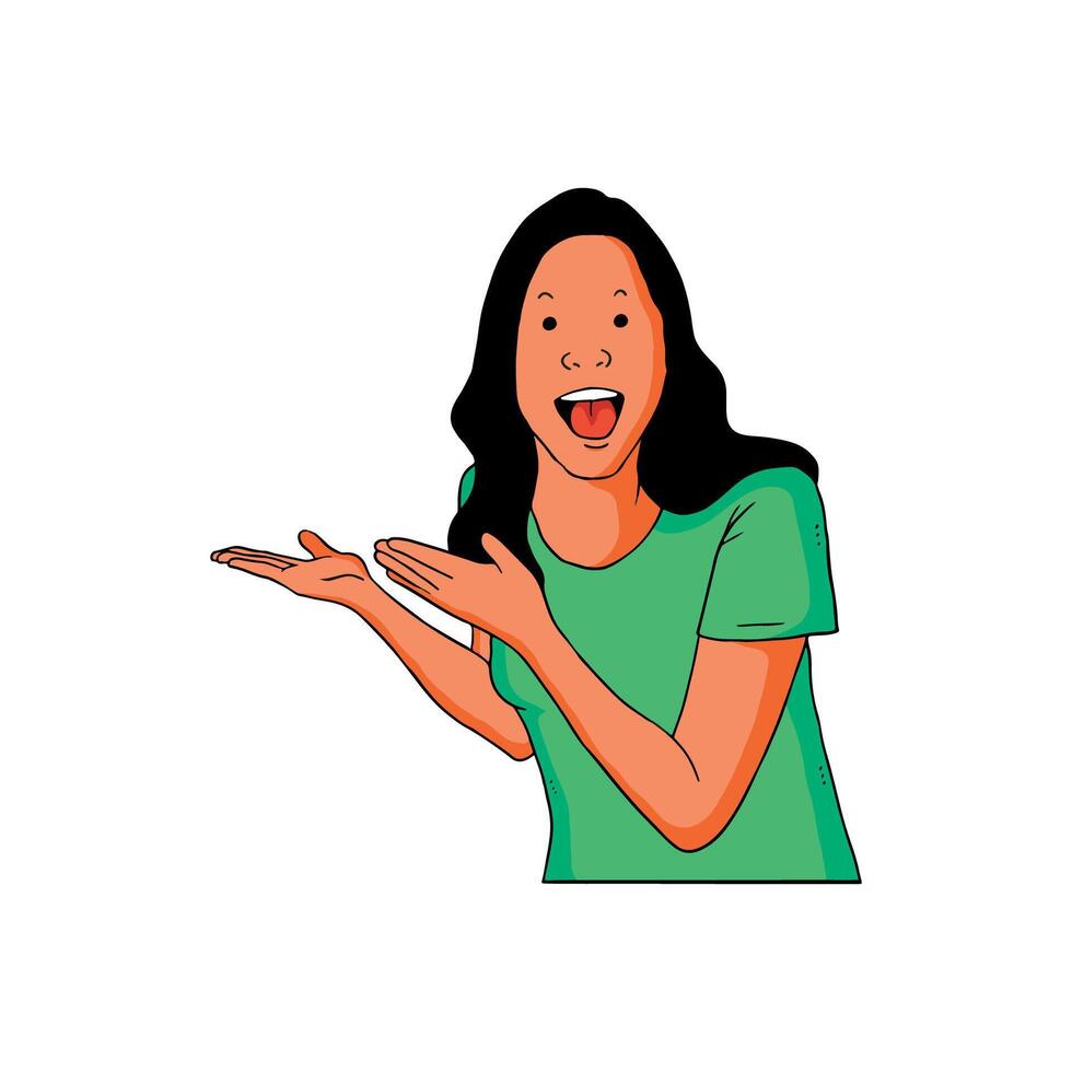 a young woman laughs with her hands gesturing to the side vector