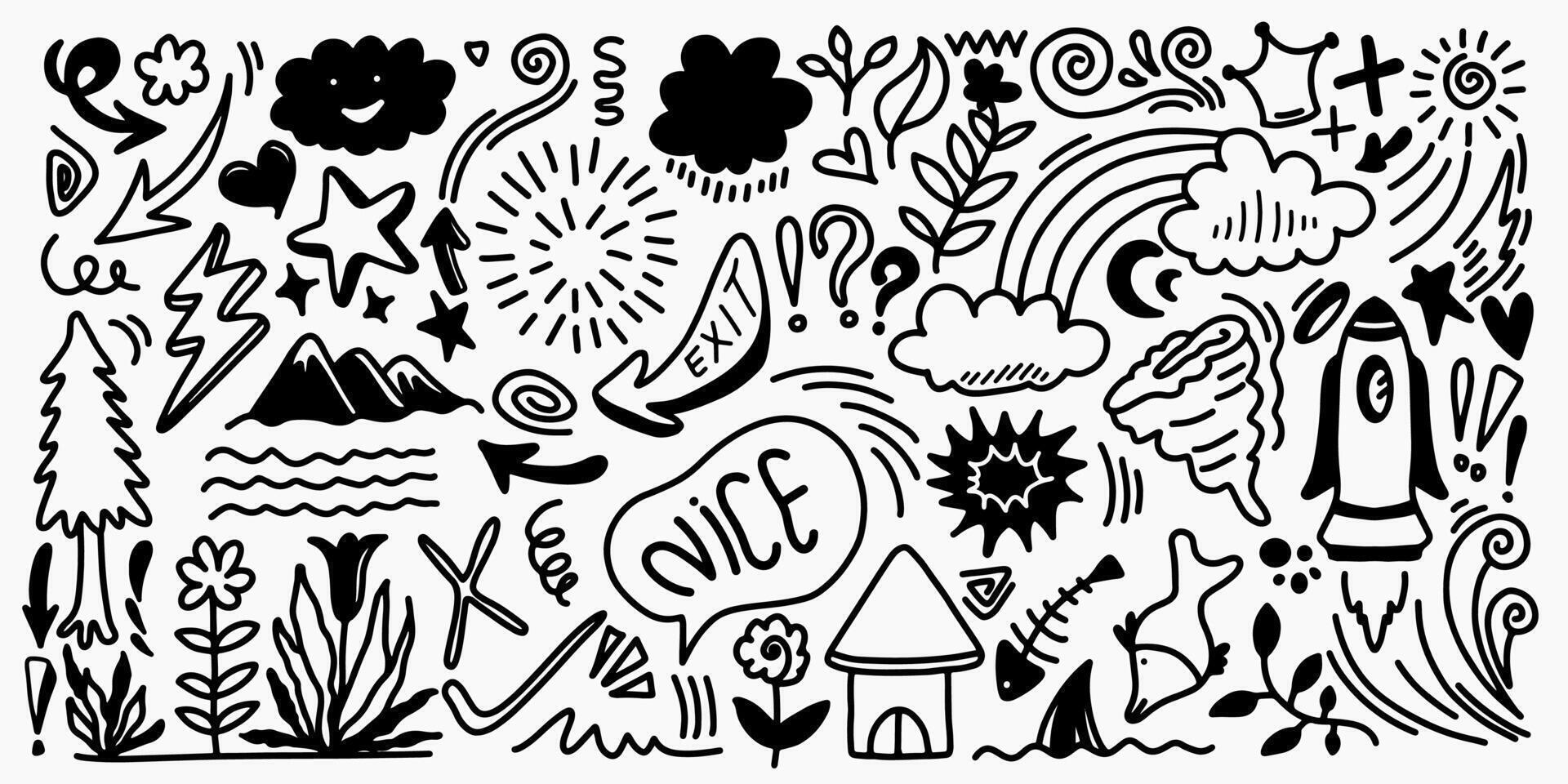 Sketch underline, emphasis, arrow shape set. Hand drawn brush stroke, clouds, flower, speech bubble, sparkle element. vector