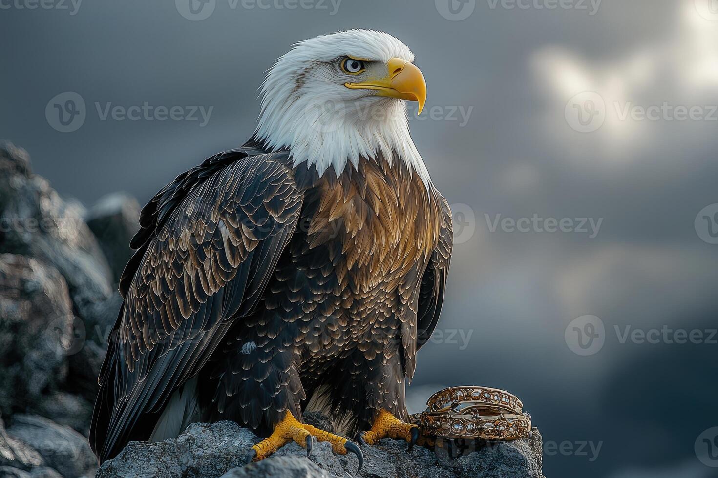 Majestic Bald Eagle Perched on Rocks with Golden Ring photo