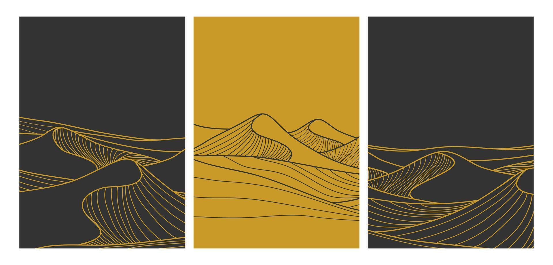 Mountain desert illustration with line art print on set. Abstract contemporary aesthetic background landscape. use for Template, print art, poster, cover, banner vector