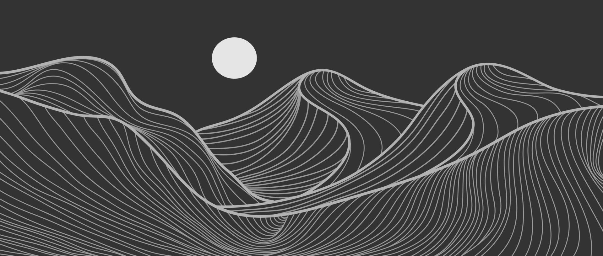 Mountain desert illustration sketch with line art print. Abstract contemporary aesthetic background landscape vector