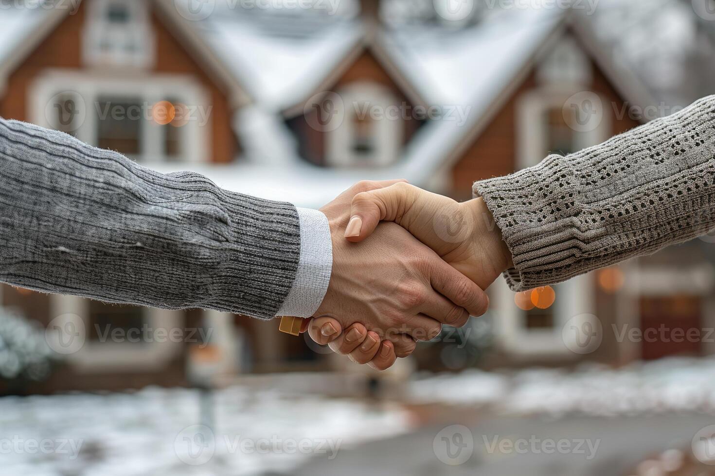 A handshake seals a home purchase in winter photo