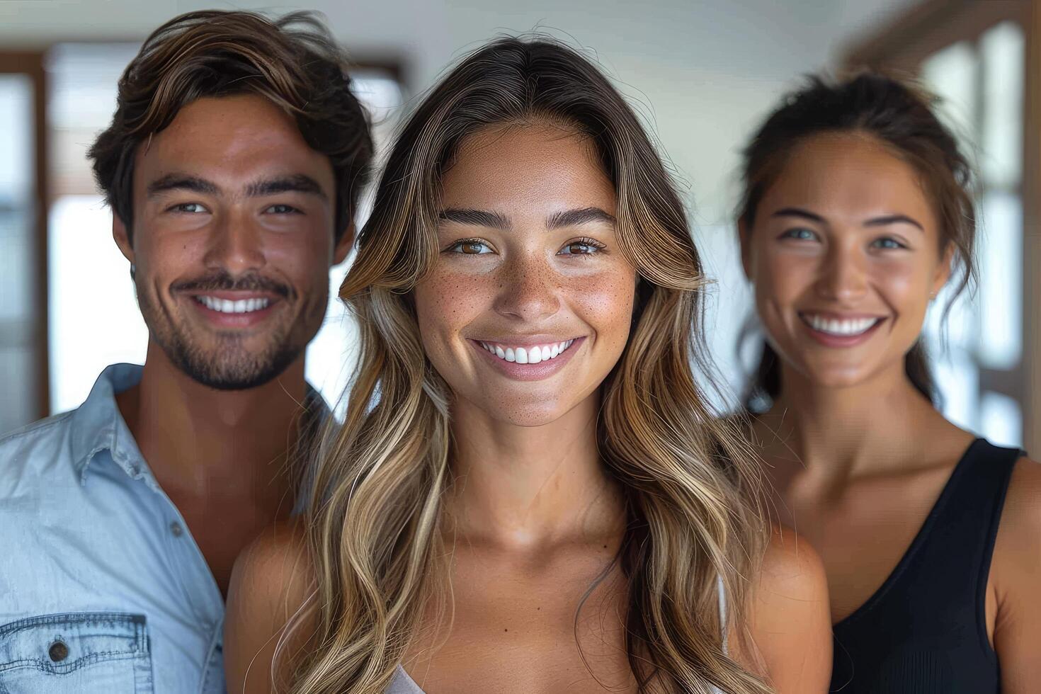 Three smiling young adults pose together for a photo