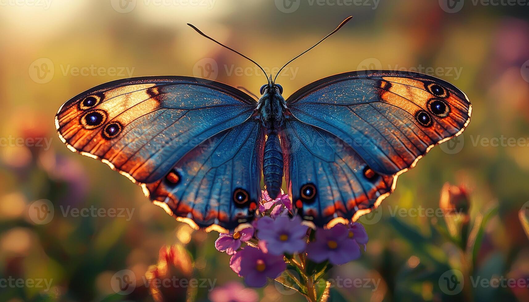 Blue Butterfly Wings Alight on Purple Flowers at Sunset photo