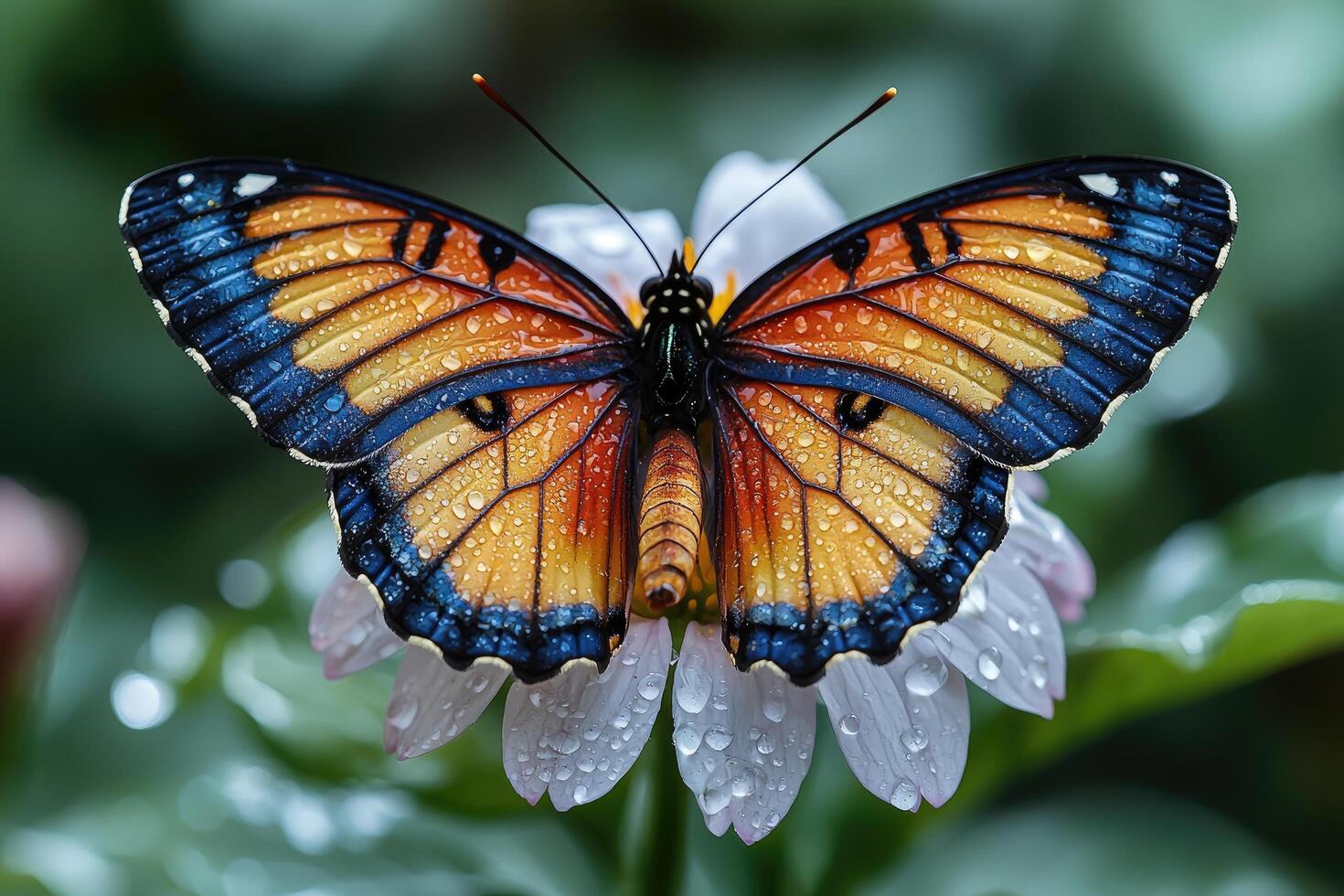 A Dew Kissed Butterfly Rests on a White Flower photo