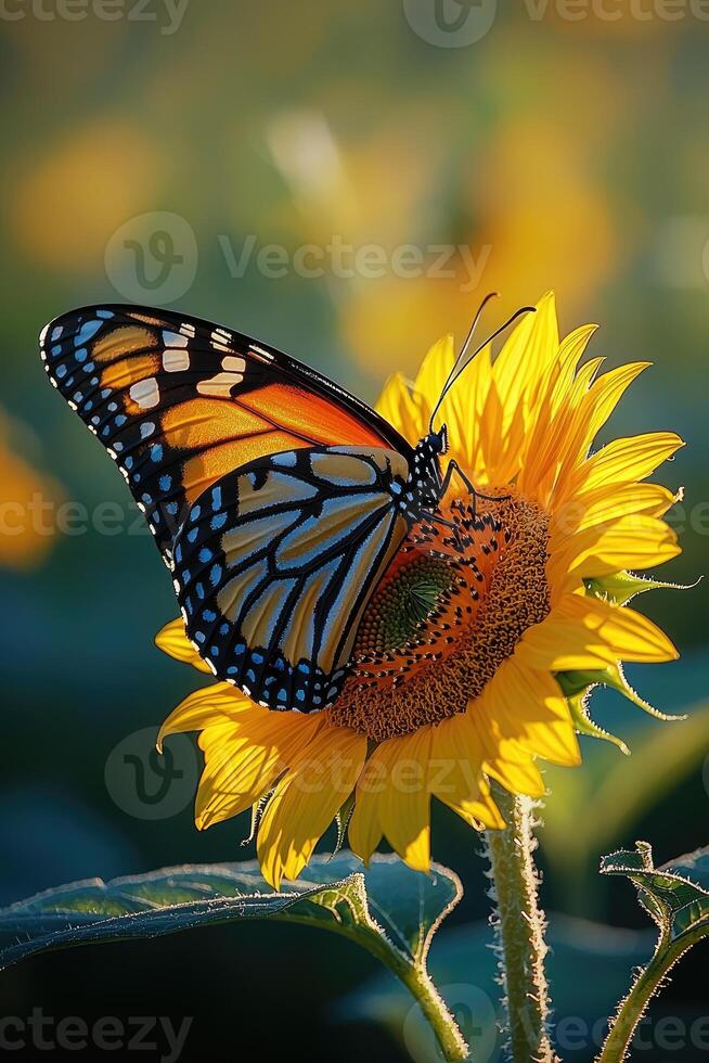 Monarch Butterfly Resting on a Bright Sunflower photo