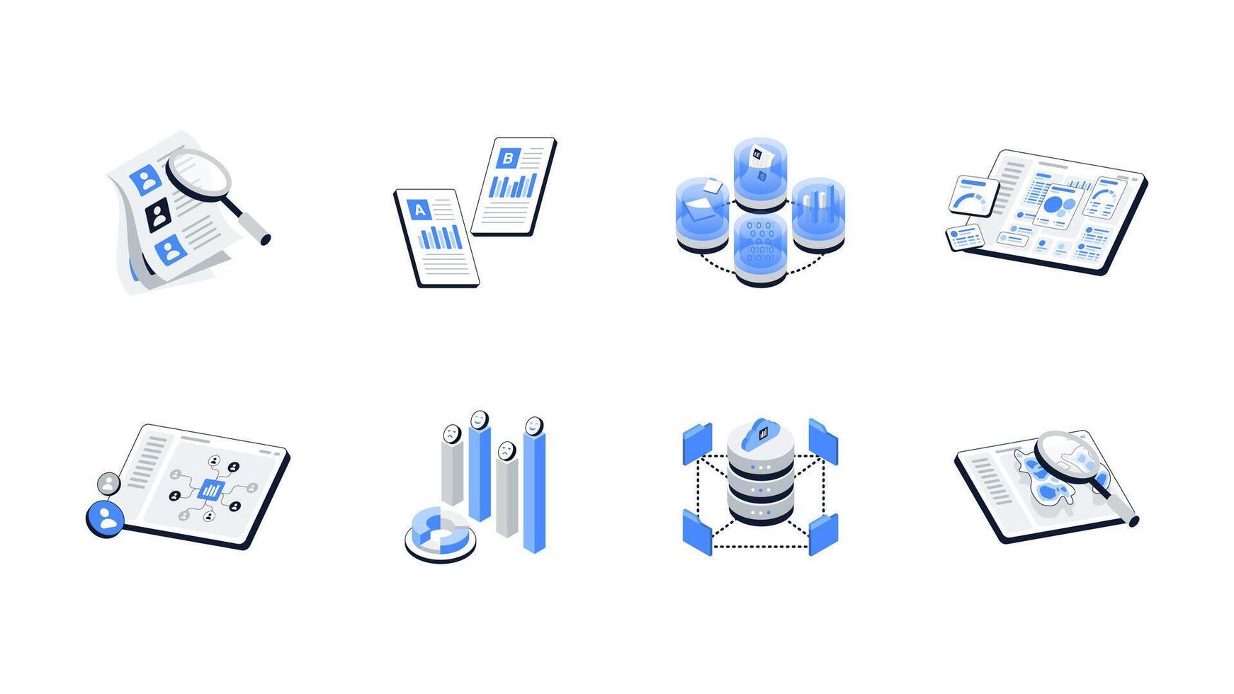 Data analytics isometric icon set. User Behavior Analytics, Data Query, Business Intelligence, Data Clustering, Customer Analytics, Sentiment Analysis, AB Testing and Heatmap Analytics. vector