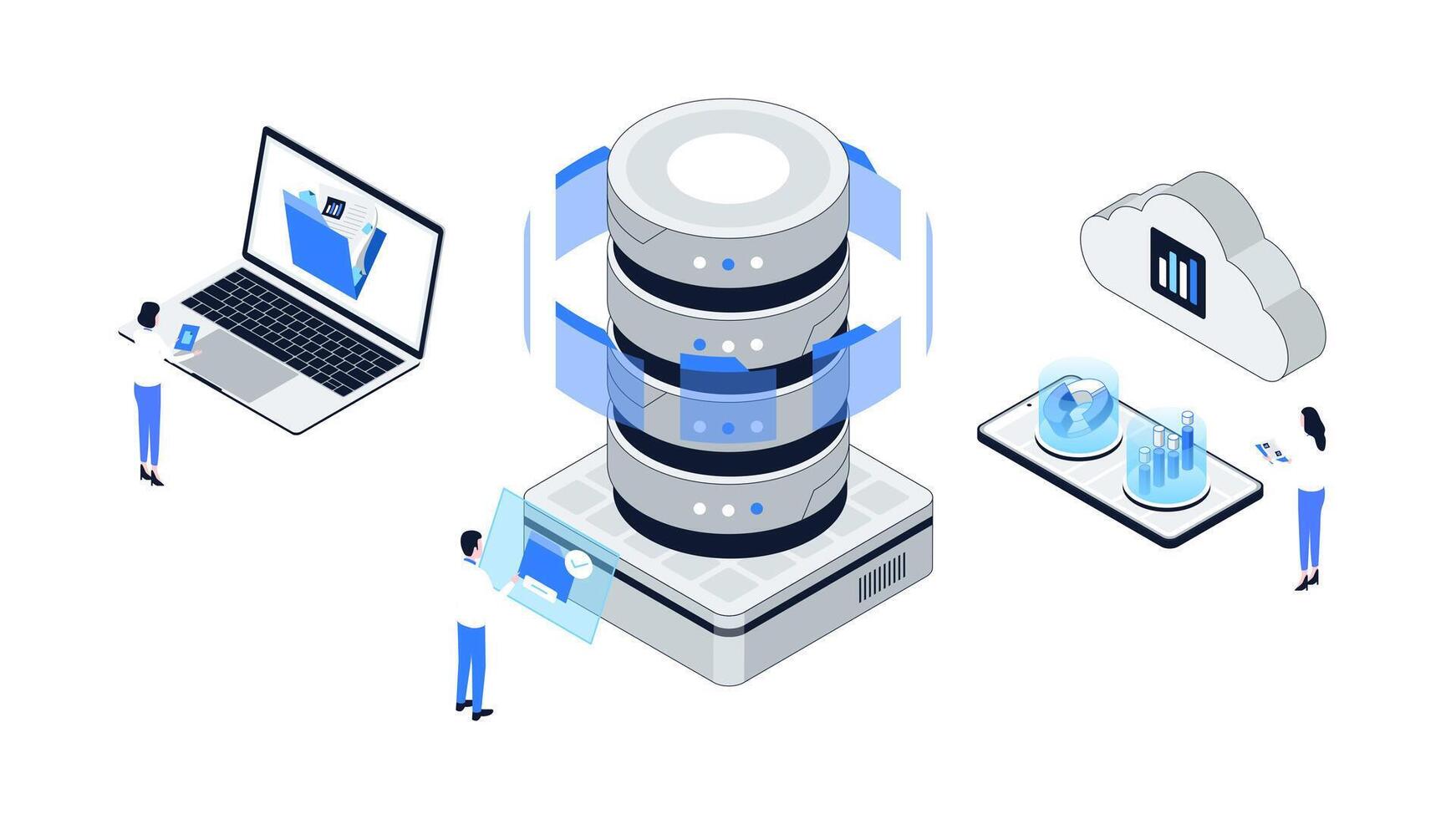 Cloud Computing and Database Management Isometric Illustration. Online Data Analysis, Backup, Document Storage, App and Server Technology Concept. vector