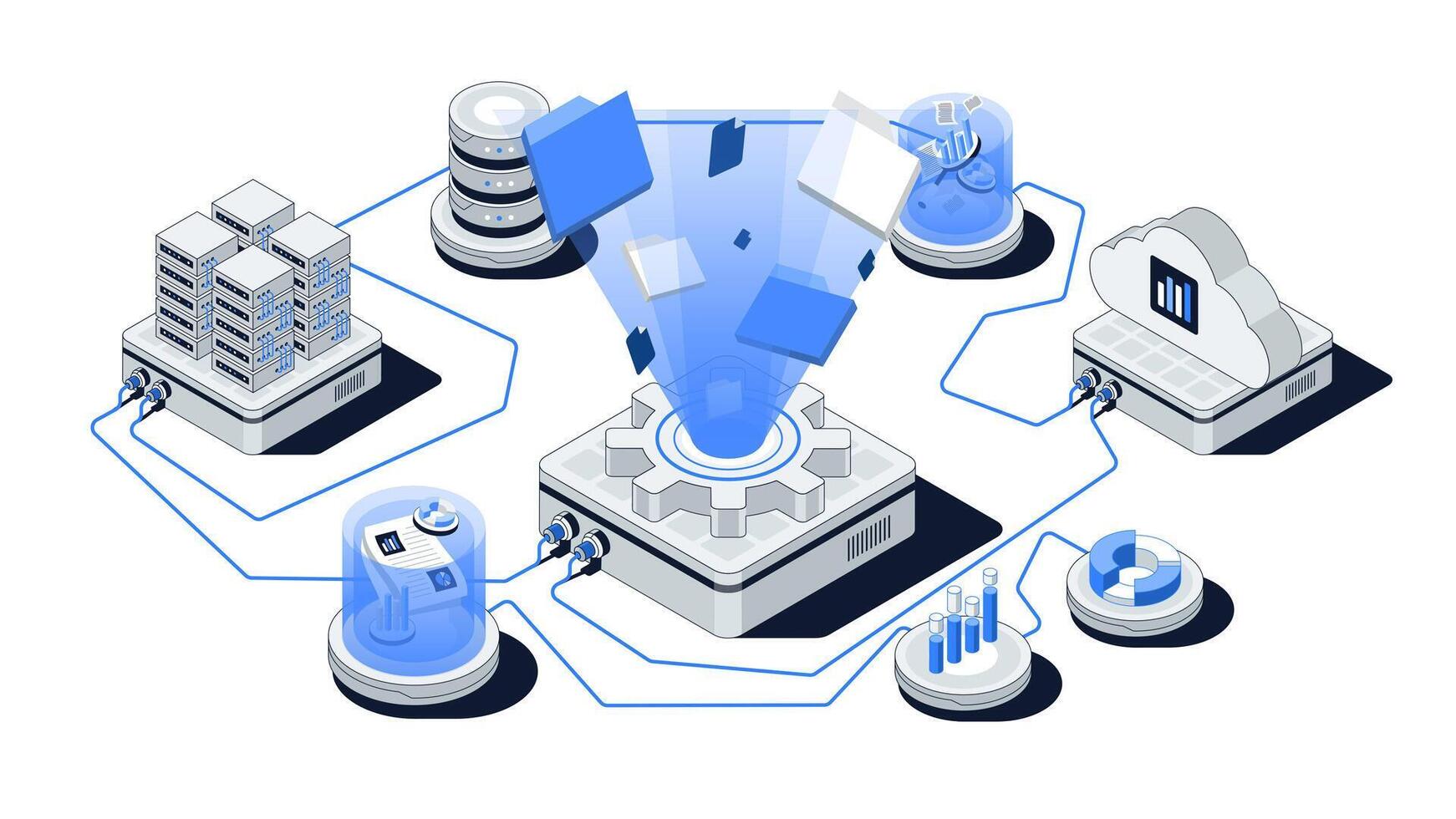 Isometric Data Management Illustration. Cloud Storage, Business Computing, Datacenter and Technology Concept. vector