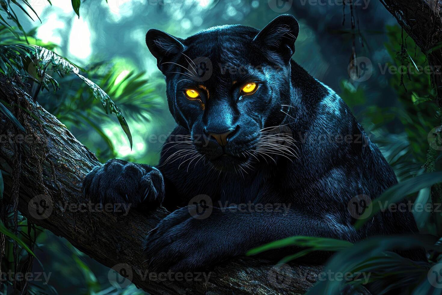 Majestic Black Panther Resting In Lush Jungle Foliage photo