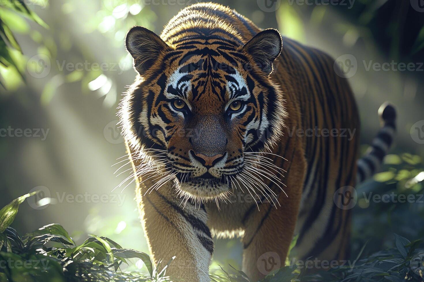 Majestic Tiger Stalks Through Lush Green Jungle photo