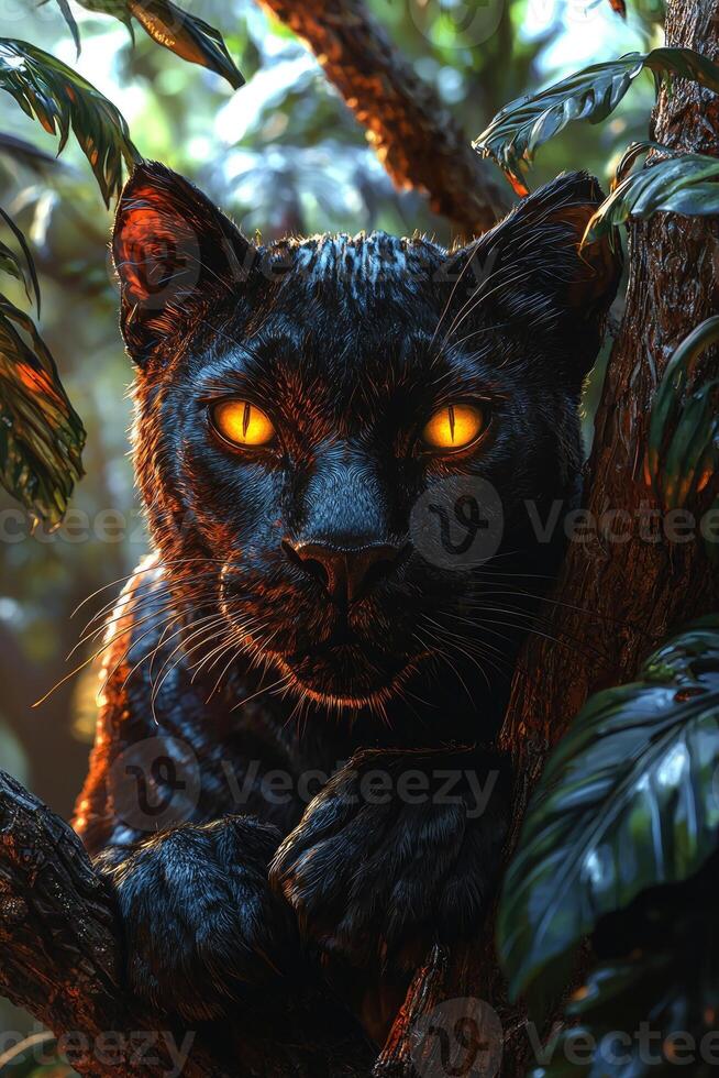 Black Panther Resting In Jungle Tree photo