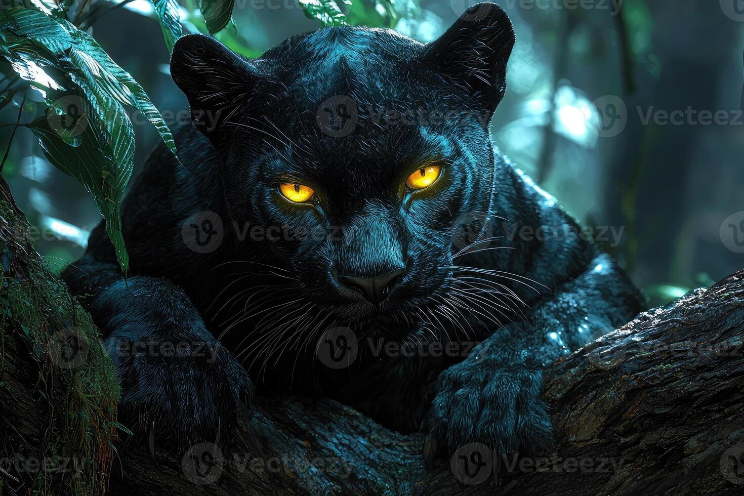 Majestic Black Panther Lurking in Tropical Jungle photo