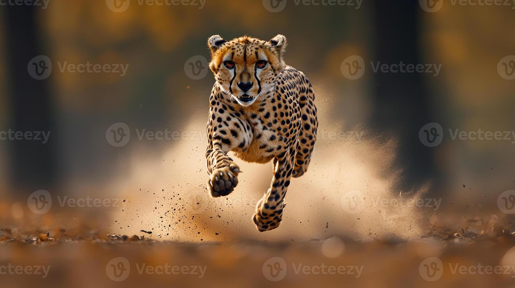 Cheetah Running Fast Through Autumnal Forest photo