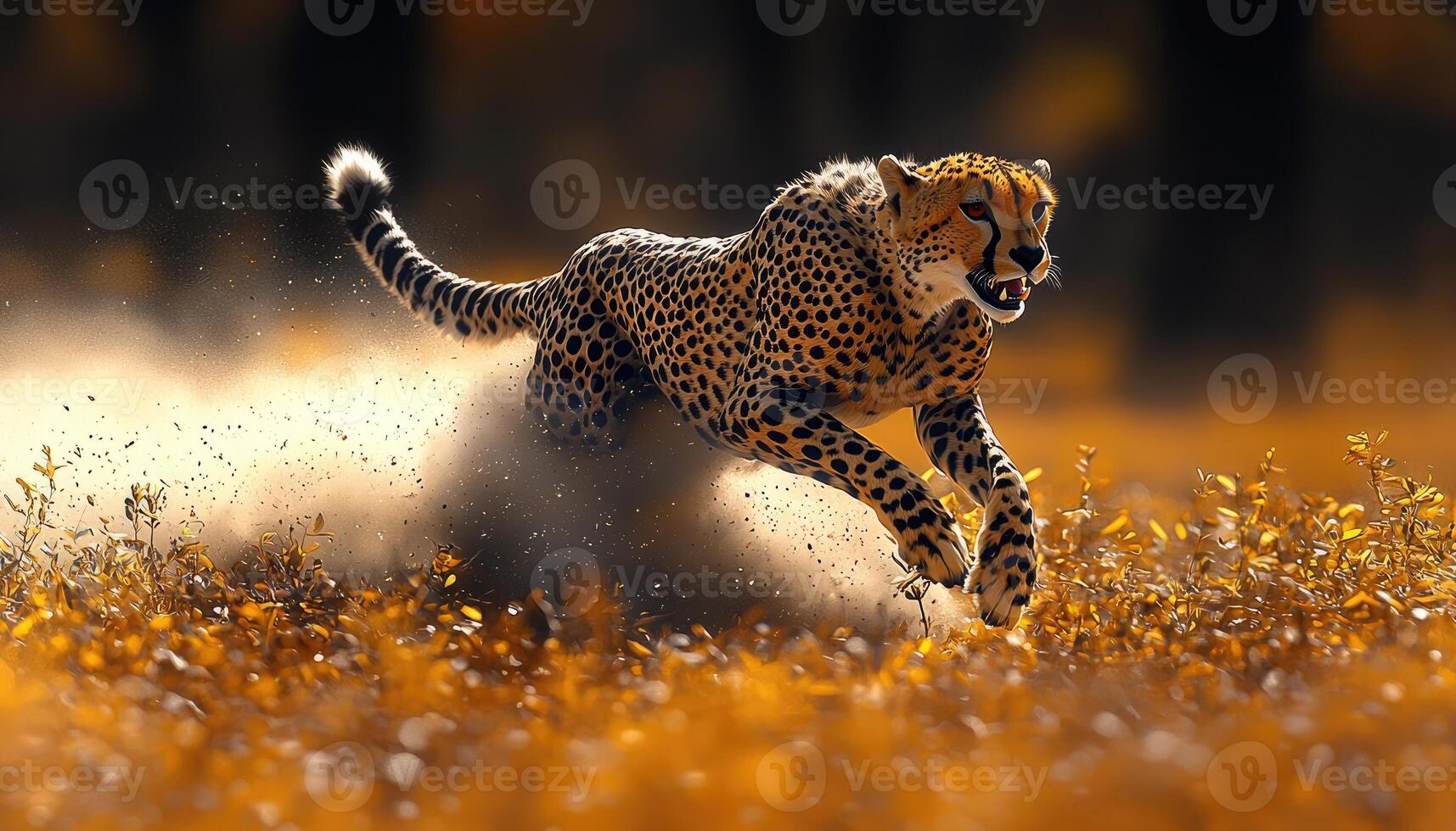 Cheetah Running Through Golden Grassland at Dusk photo