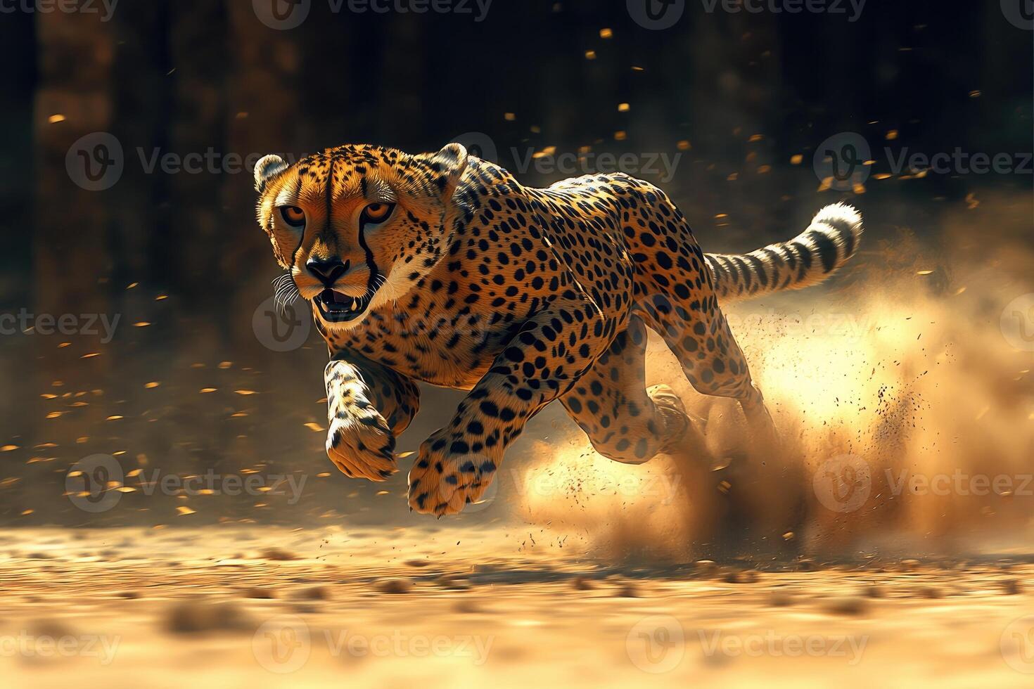 Cheetah in Motion Swiftly Running Across Dusty Plains photo