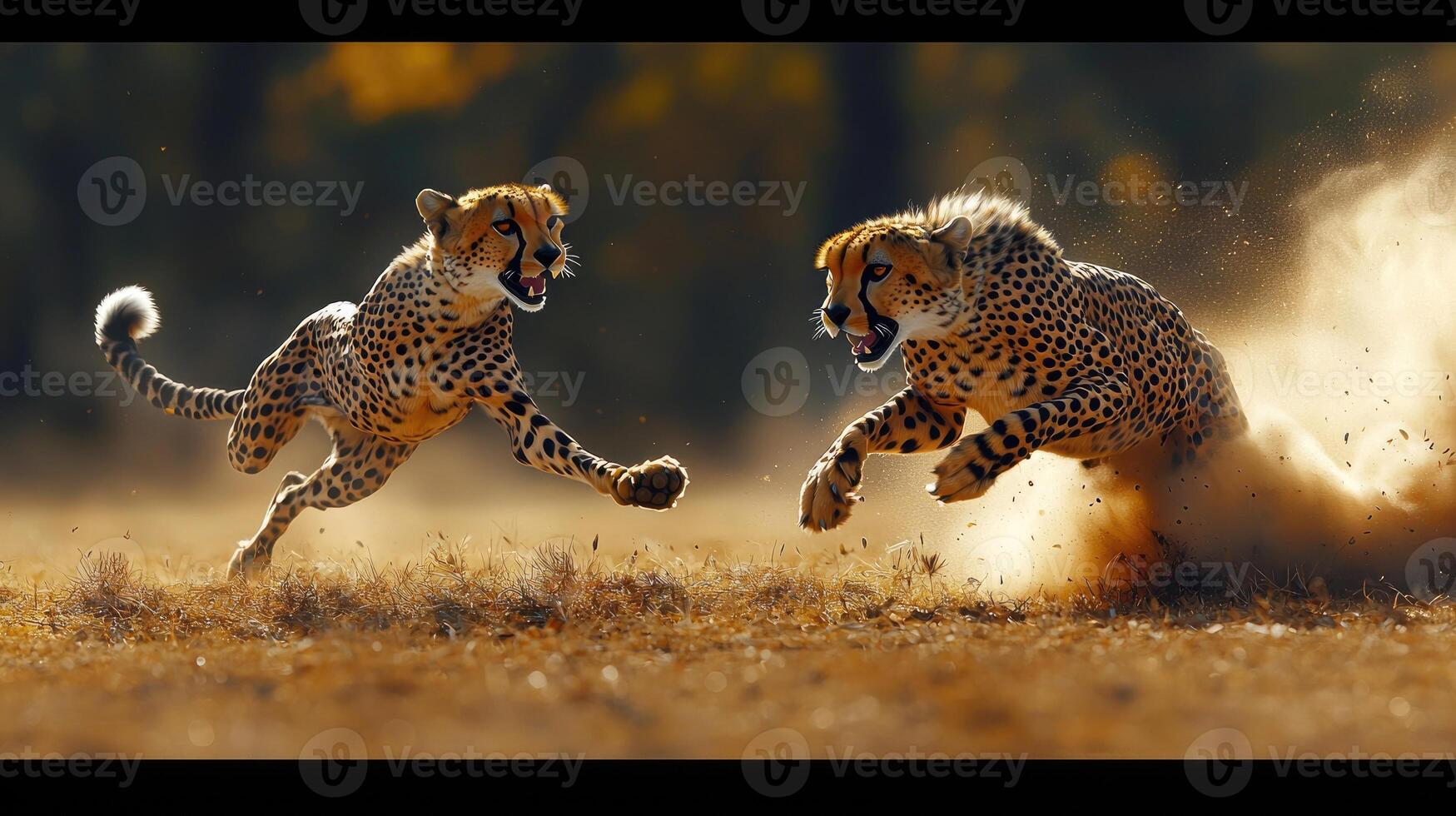 Two Cheetahs Running Across Grassland In Dust photo
