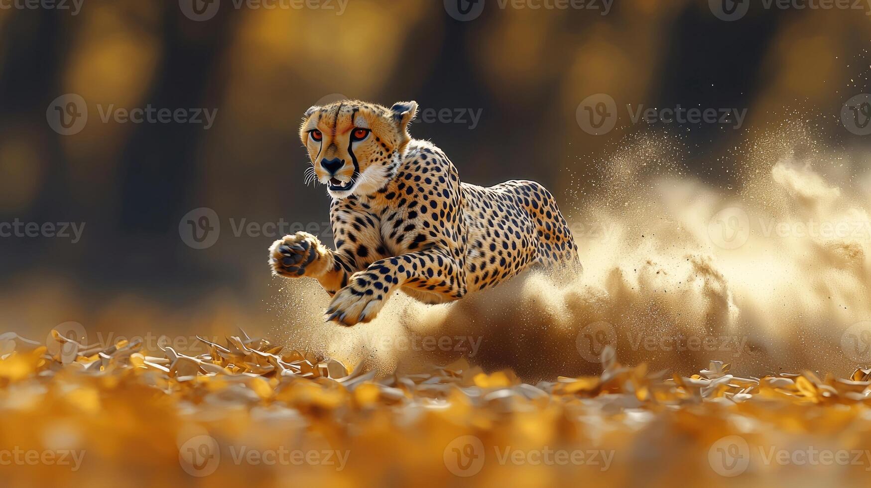 Cheetah Running Through Golden Dust And Leaves photo