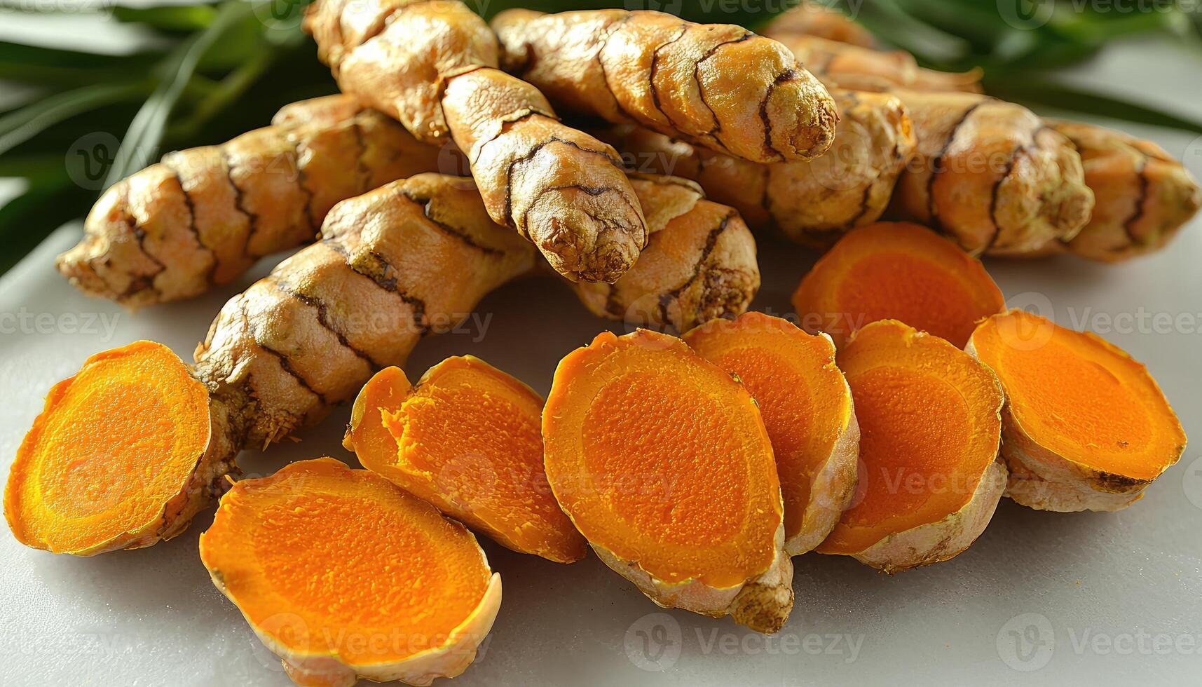 Fresh Turmeric Roots Sliced and Whole Displayed photo