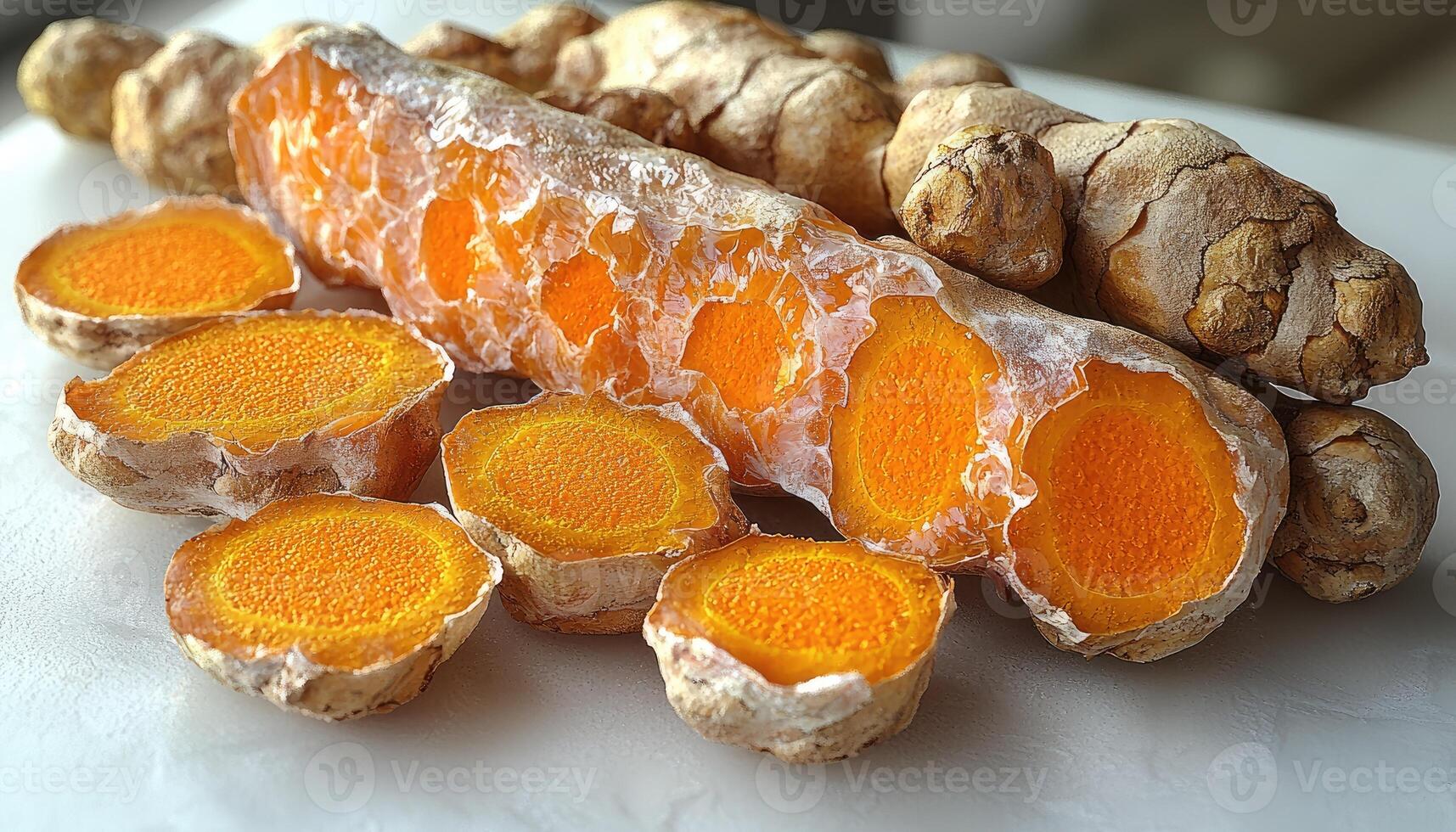 Sliced Turmeric Root Showing Vibrant Orange Interior photo