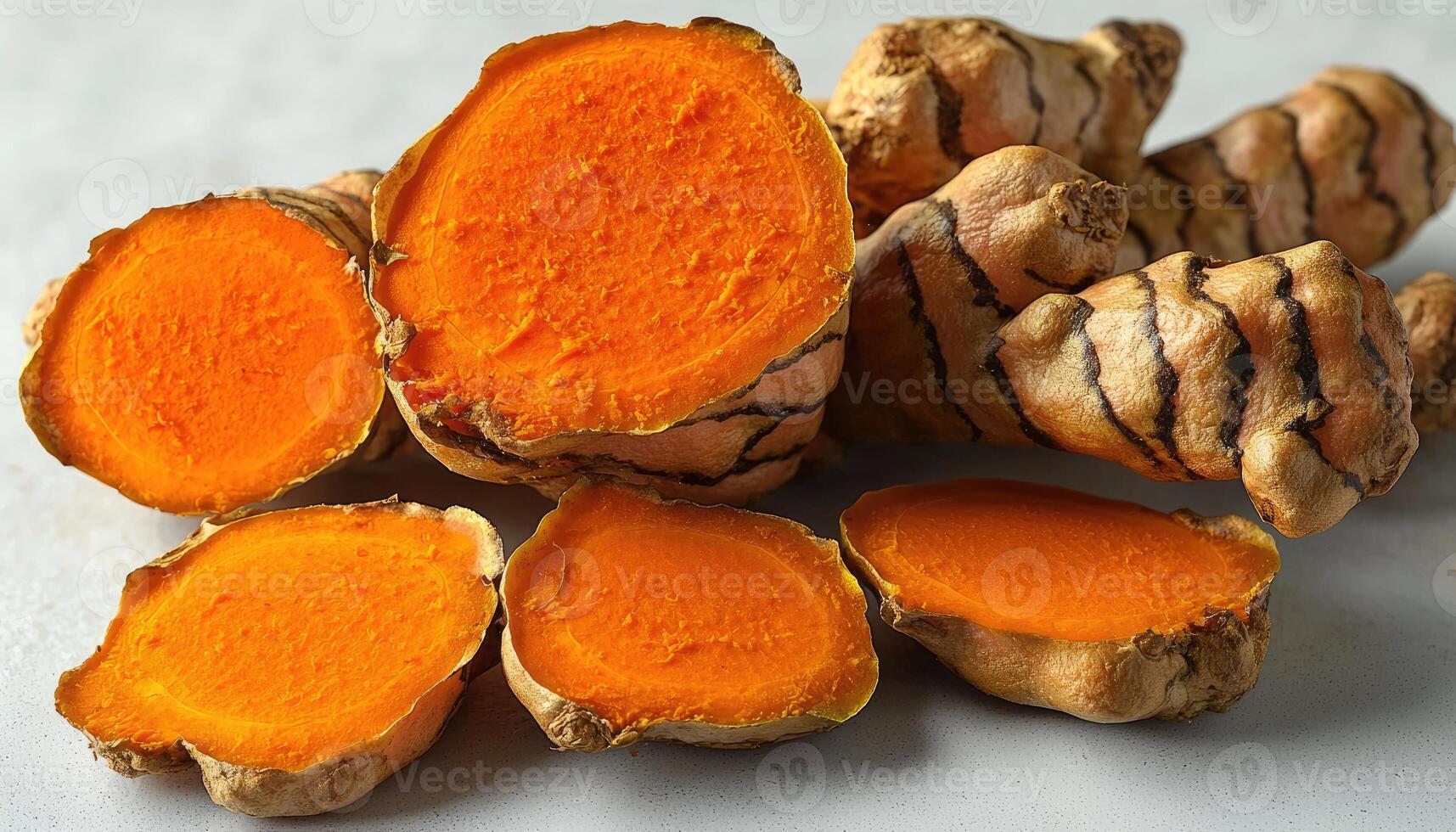 Sliced Turmeric Roots Displaying Vibrant Orange Interiors photo