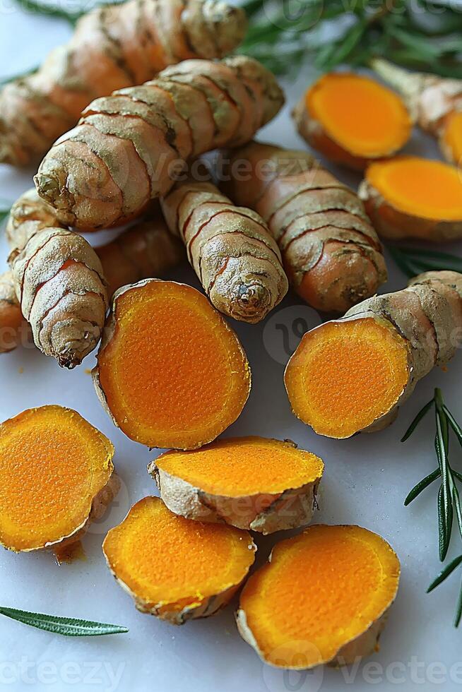 Fresh Turmeric Roots Sliced and Ready For Use photo