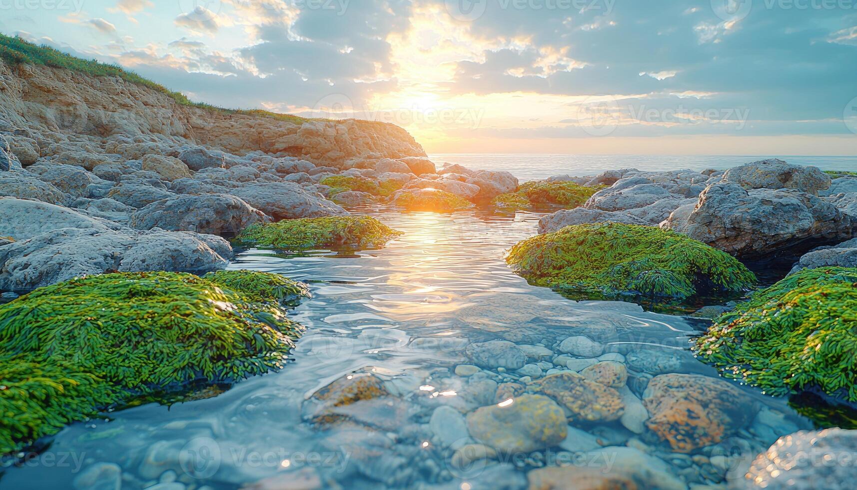 Serene Sunset Coastal Rockscape With Green Algae photo