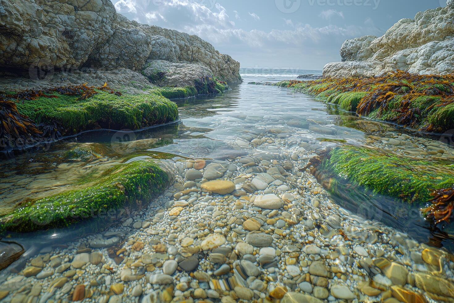 Clear Water Flows Over Smooth Pebbles And Green Seaweed photo