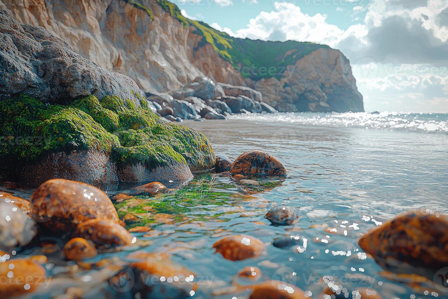 Coastal Rocks Algae Ocean Water Scene photo