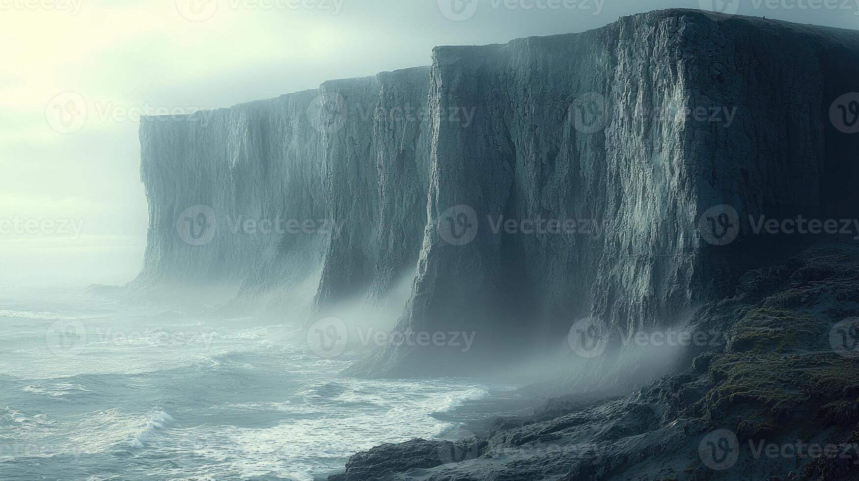 Majestic Cliffs and Misty Ocean Waves Crashing photo