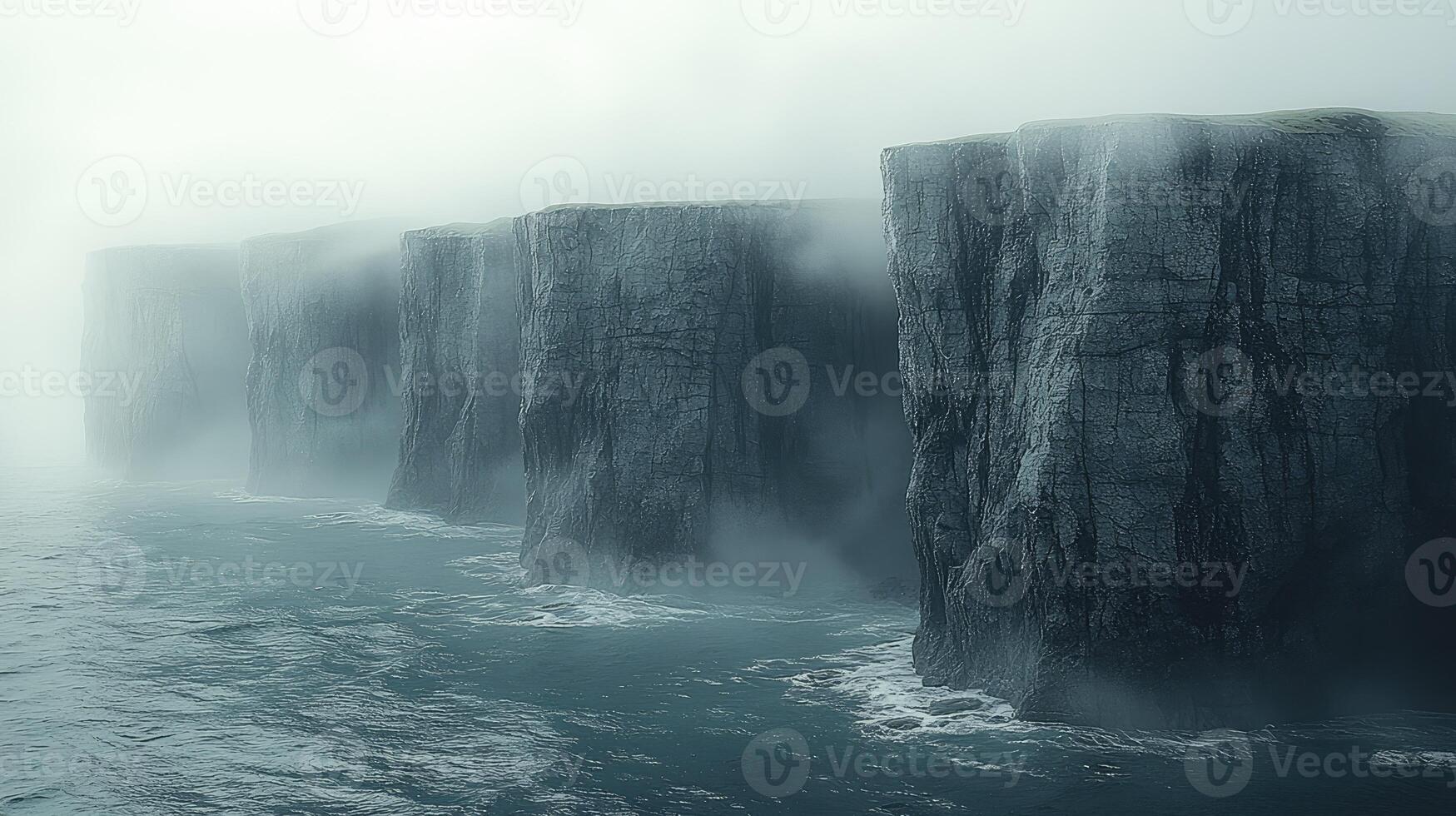 Misty Cliffs Rise From Ocean Depths Enveloped In Fog photo