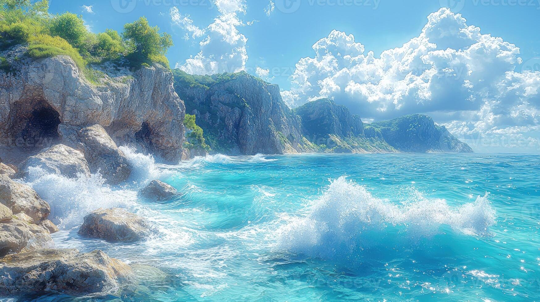 Ocean Waves Crashing Against Rocky Coastline Cliffs photo