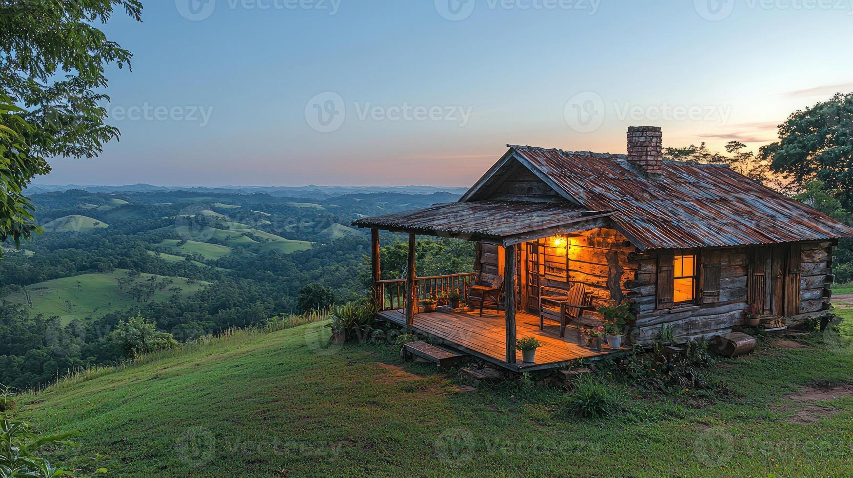 Rustic Log Cabin Evening Hilltop View photo