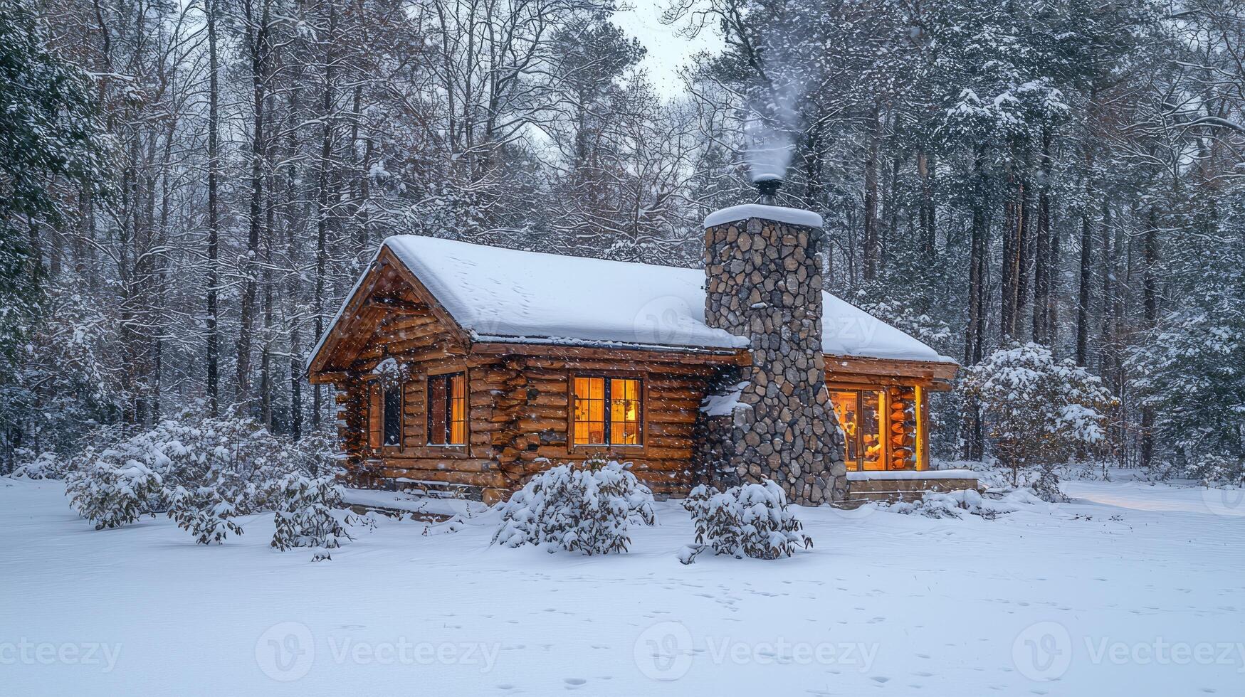 Cozy Log Cabin Winter Snowfall Forest Scene photo