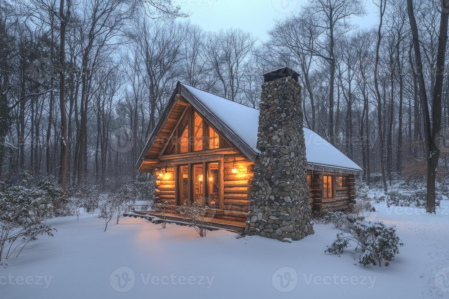 Illuminated Log Cabin Nestled in a Snowy Winter Forest photo