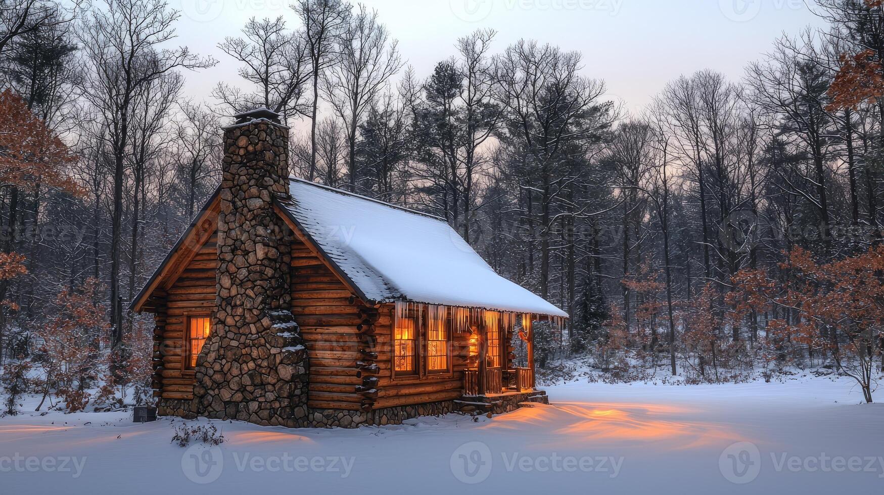 Illuminated Log Cabin Winter Wonderland Snowy Forest photo