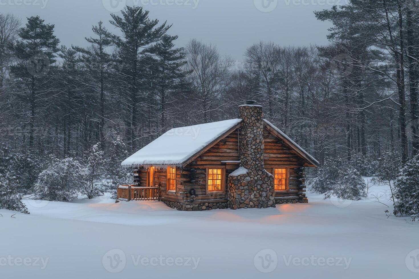 Cozy Log Cabin Nestled In Snowy Winter Woods photo