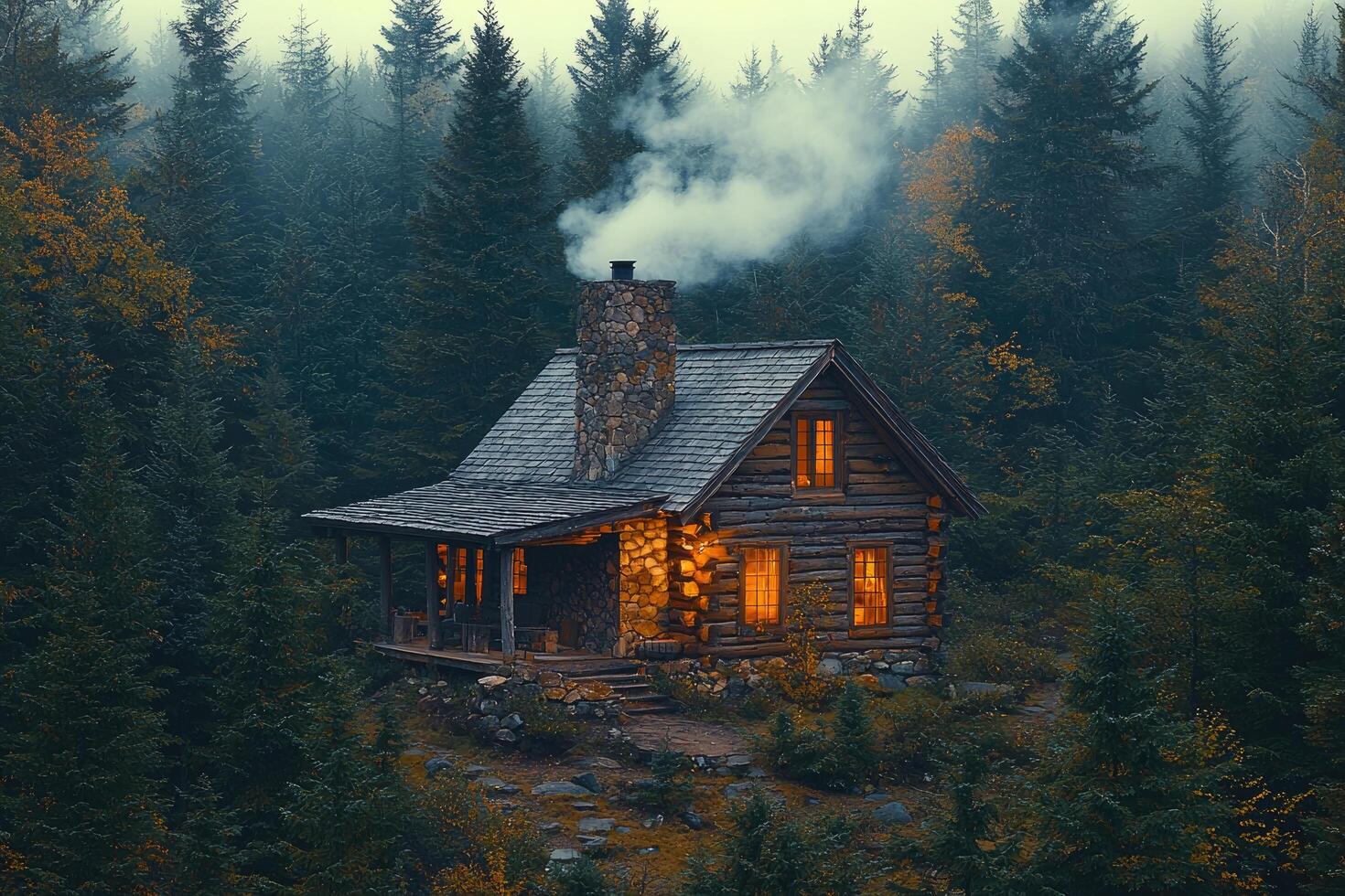 Illuminated Log Cabin nestled in a misty forest photo