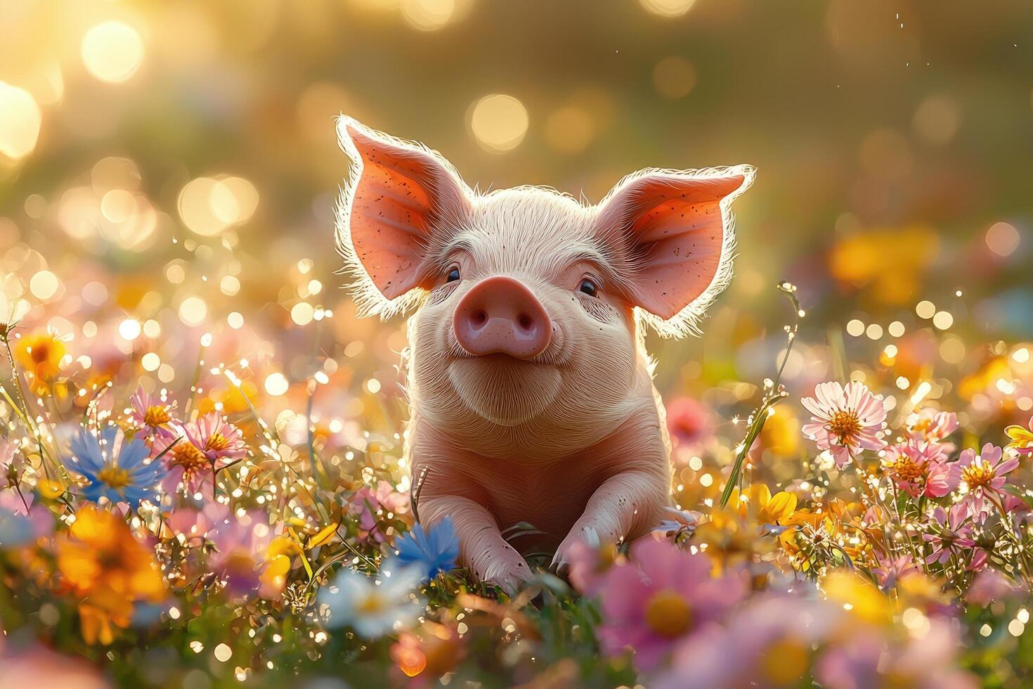 A Happy Piglet Amongst Blooming Spring Flowers photo