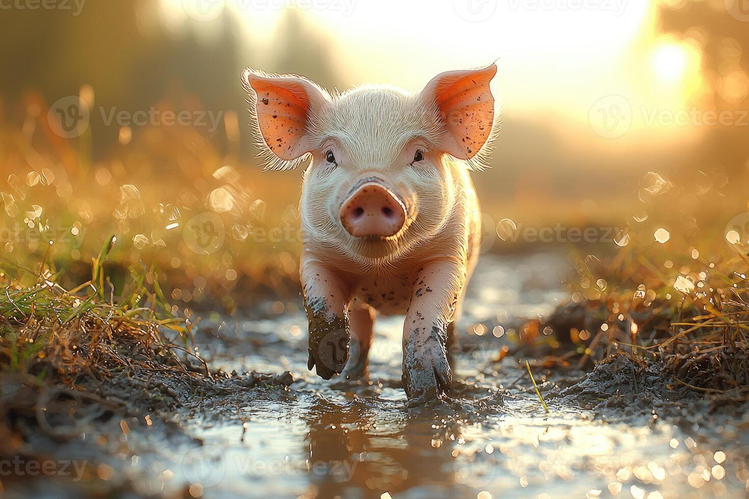 A muddy piglet walks through a puddle at sunset photo
