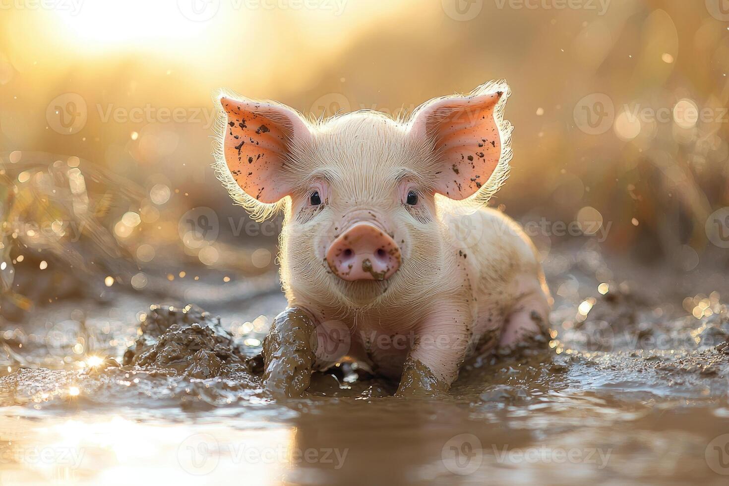 A muddy piglet plays happily in the golden sunlight photo
