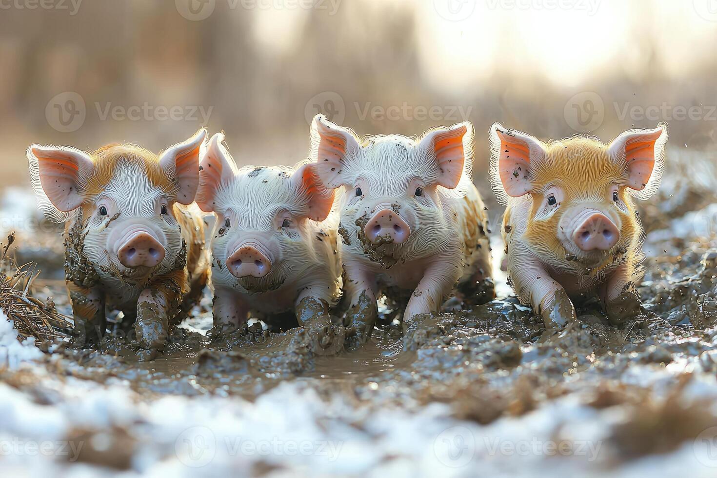 Three Piglets Playing Joyfully in Mud photo