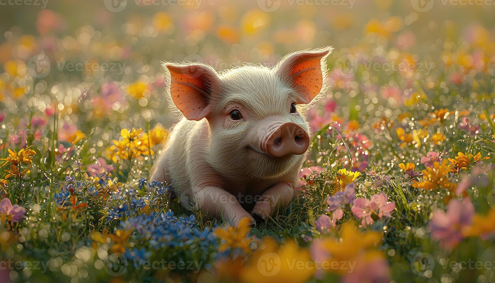 A Happy Piglet Amongst Spring Flowers photo
