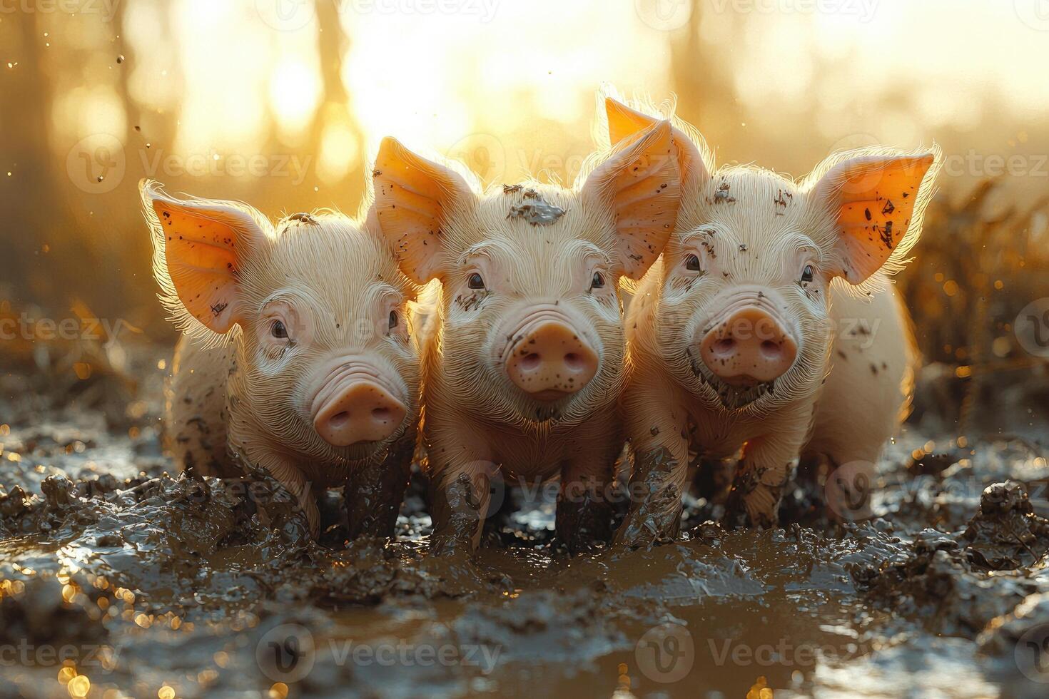 Three Piglets Playing Joyfully In Mud At Sunset photo