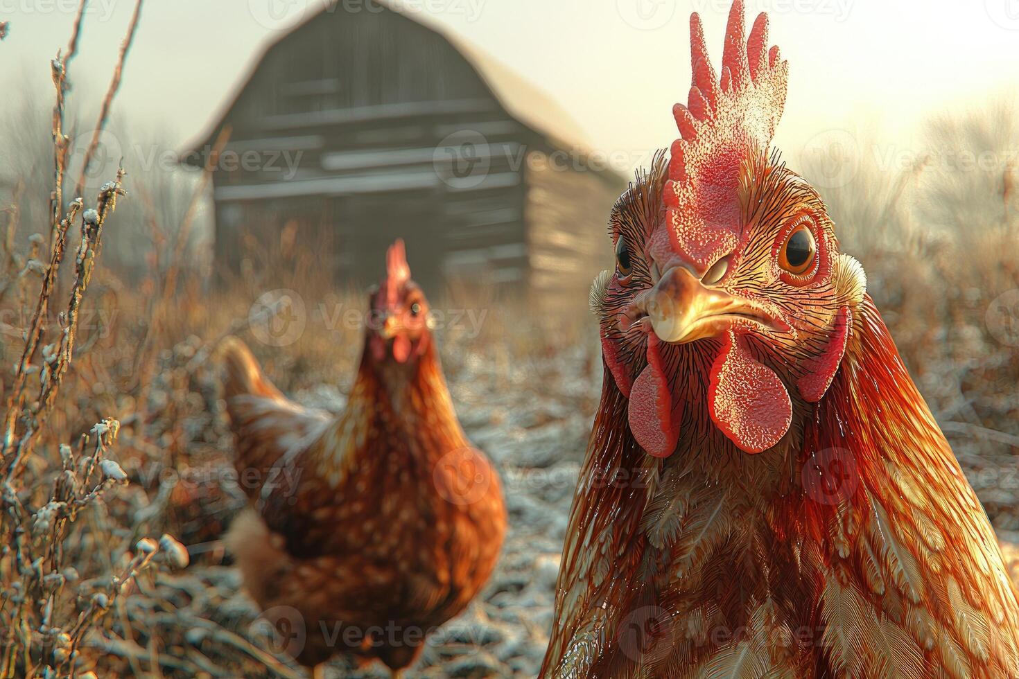 Two Chickens In A Snowy Winter Farm Setting photo