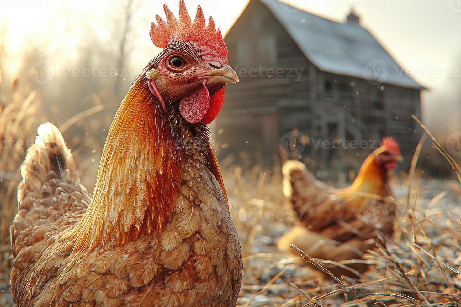 Golden hens on a farm near a rustic barn photo