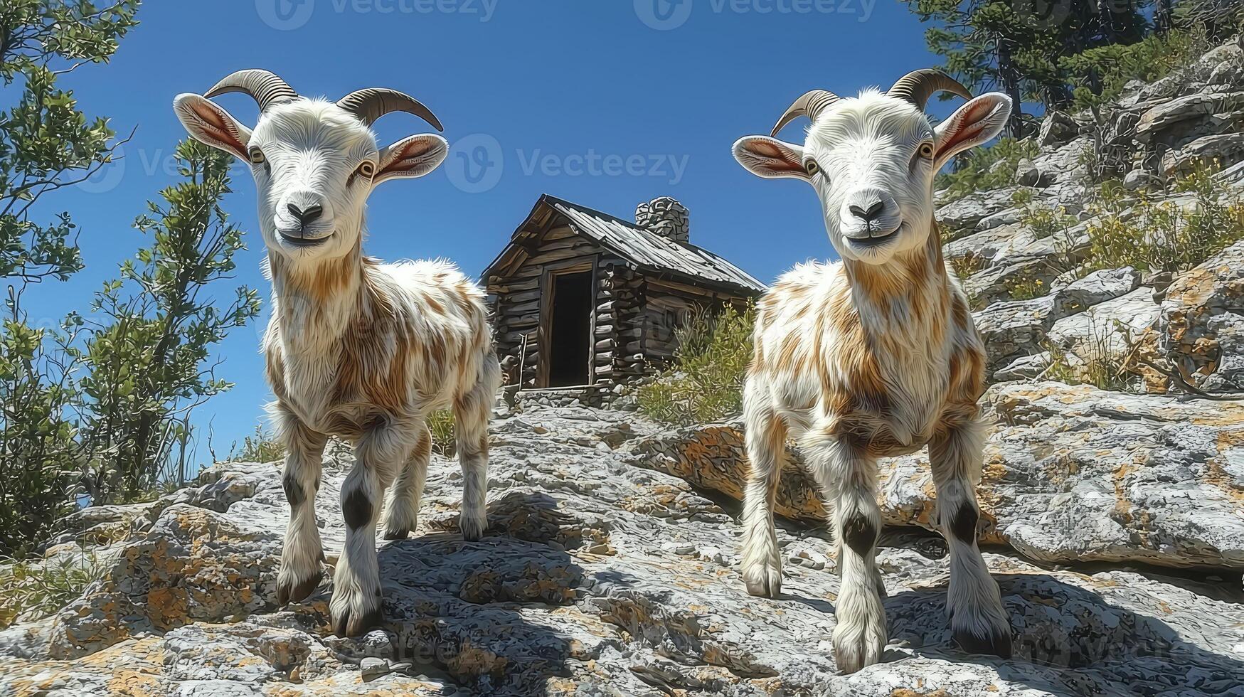 Two Goats Pose Proudly Near a Mountain Cabin photo