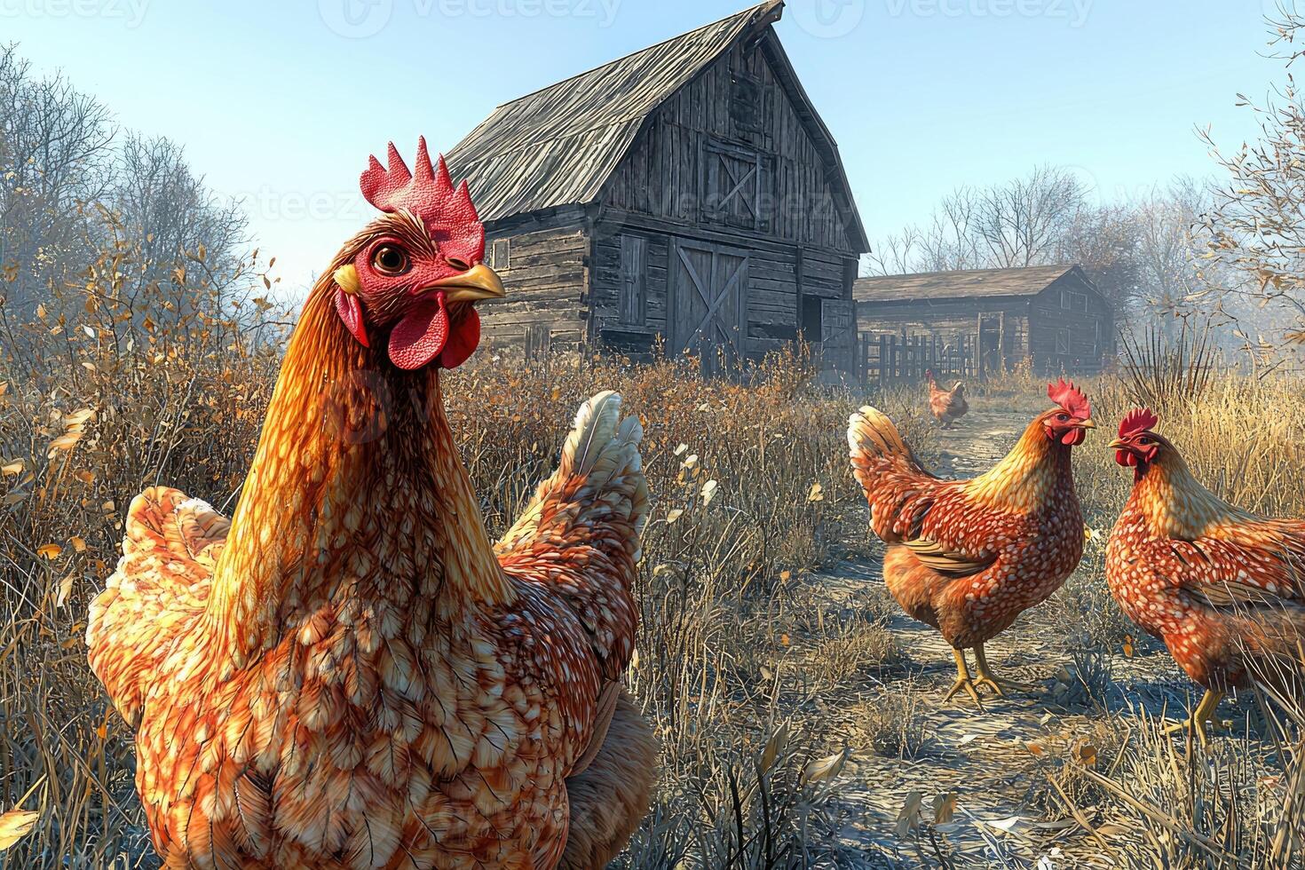 Rustic Farm Scene Featuring Chickens Near a Barn photo