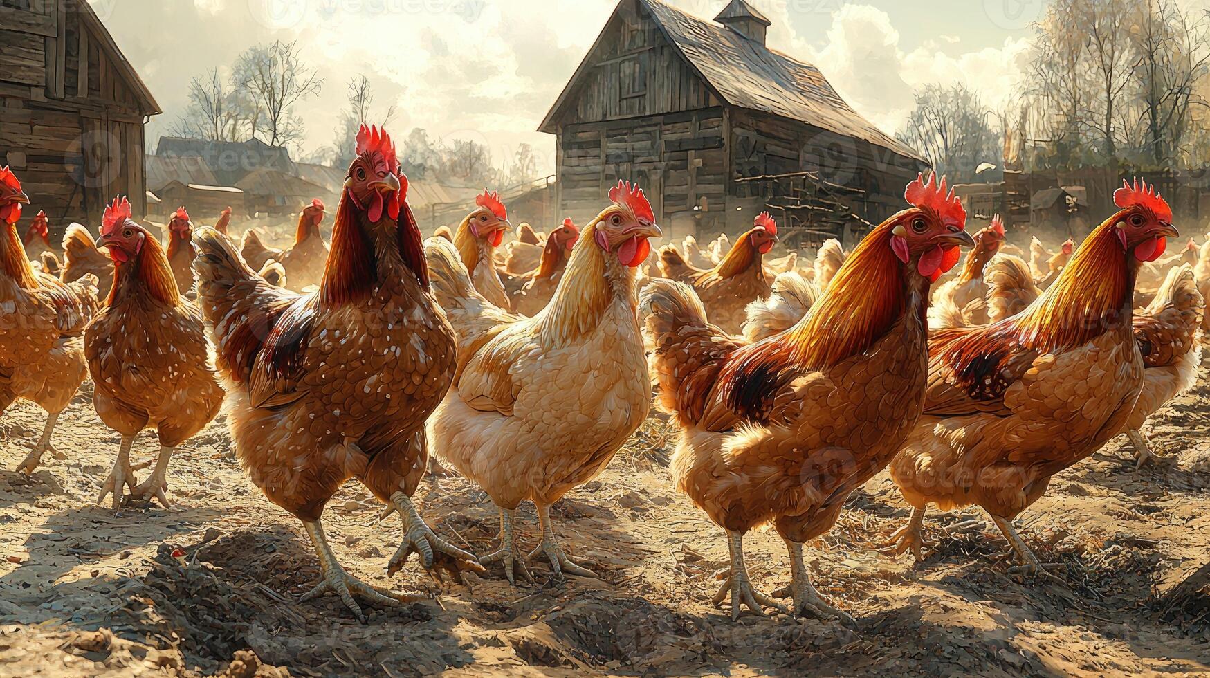 A flock of chickens in a rural farmyard setting photo