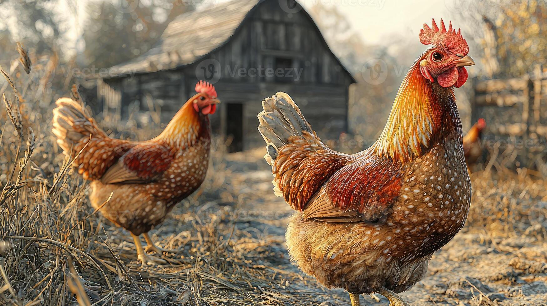 Two speckled hens near a rustic barn in the countryside photo